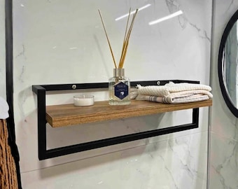 Wall Mounted Wood Shelf with Steel Towel Rail, Spa Bathroom Decor