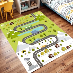 Kids Road Play Rug, Car Track Play Mat, City Map Nursery Carpet, Soft Traffic Playroom Rug, Boys Room Decor, Non Slip Toddler Area Rug