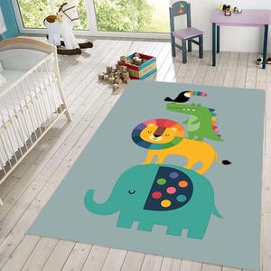 Alfombra colorida de animales apilables para habitación infantil con diseño de elefante, león, cocodrilo y pájaro, divertida alfombra de safari para guardería, para decoración de bebés o niños pequeños.