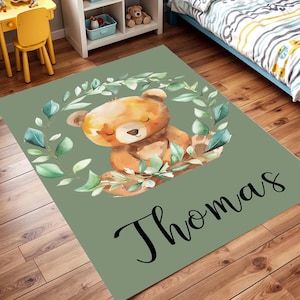 Custom Teddy Bear Rug, Nursery Rug, Green Kids Room Rug, Baby Room Decor, Kids Room Carpet, Baby Playmat, Forest Animal Play Mat
