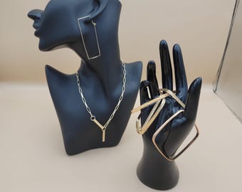 Geometric Gold Tone Necklace, Earring, and Bangles Set