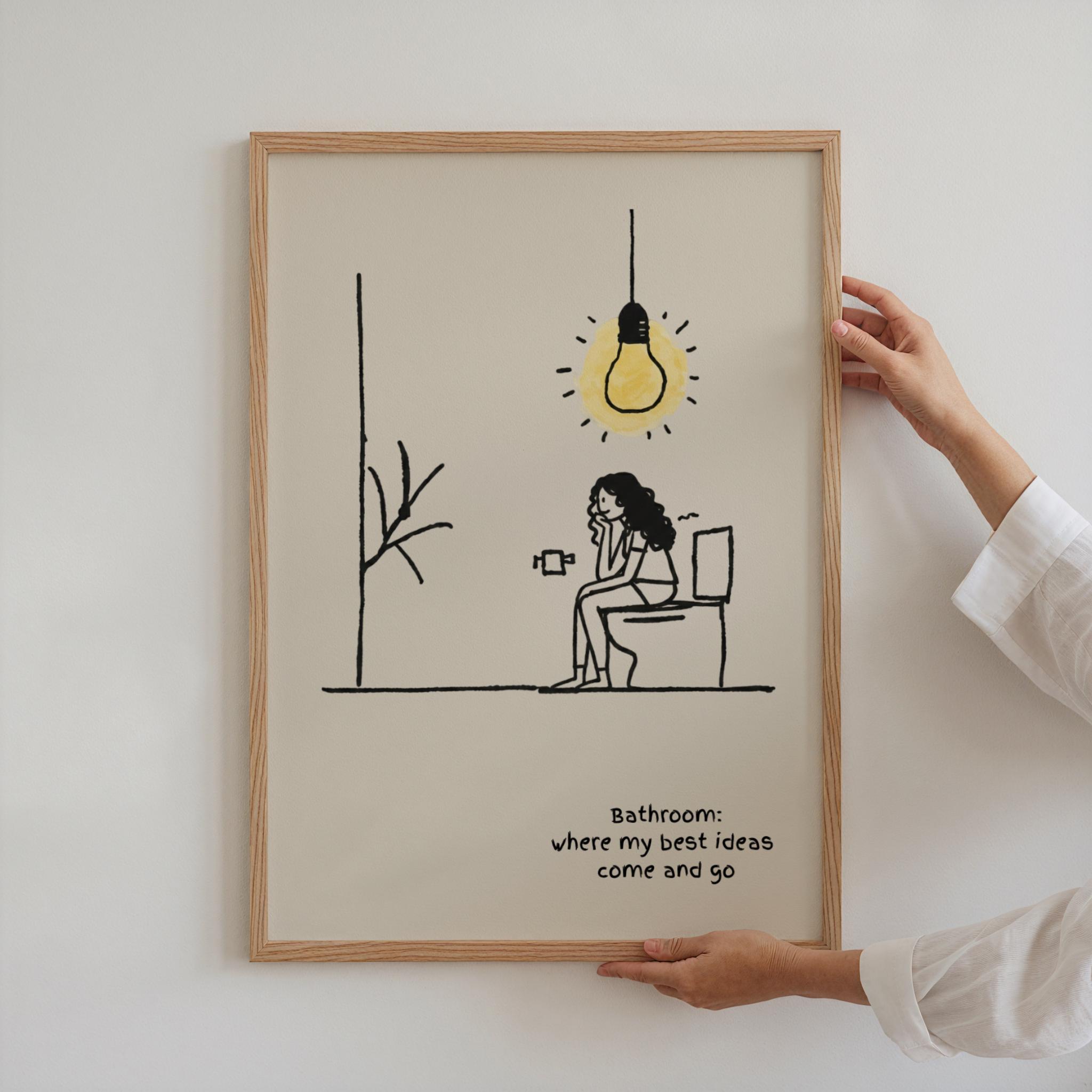 Funny Bathroom Wall Art Print, Retro Woman Thinking on Toilet ...