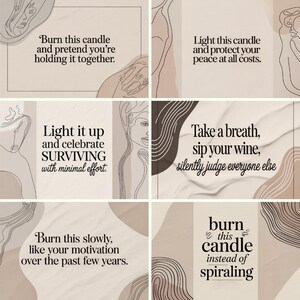 Pode incluir: Uma colagem de seis pain&eacute;is com texto e desenhos de linhas abstratas. Os pain&eacute;is apresentam frases como &laquo;Queime esta vela&raquo;, &laquo;Acenda-a&raquo; e &laquo;Respire fundo&raquo;. A paleta de cores inclui bege, castanho e branco, com um fundo marmoreado.