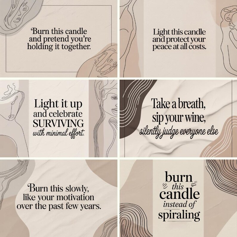 Pode incluir: Uma colagem de seis pain&eacute;is com texto e desenhos de linhas abstratas. Os pain&eacute;is apresentam frases como &laquo;Queime esta vela&raquo;, &laquo;Acenda-a&raquo; e &laquo;Respire fundo&raquo;. A paleta de cores inclui bege, castanho e branco, com um fundo marmoreado.