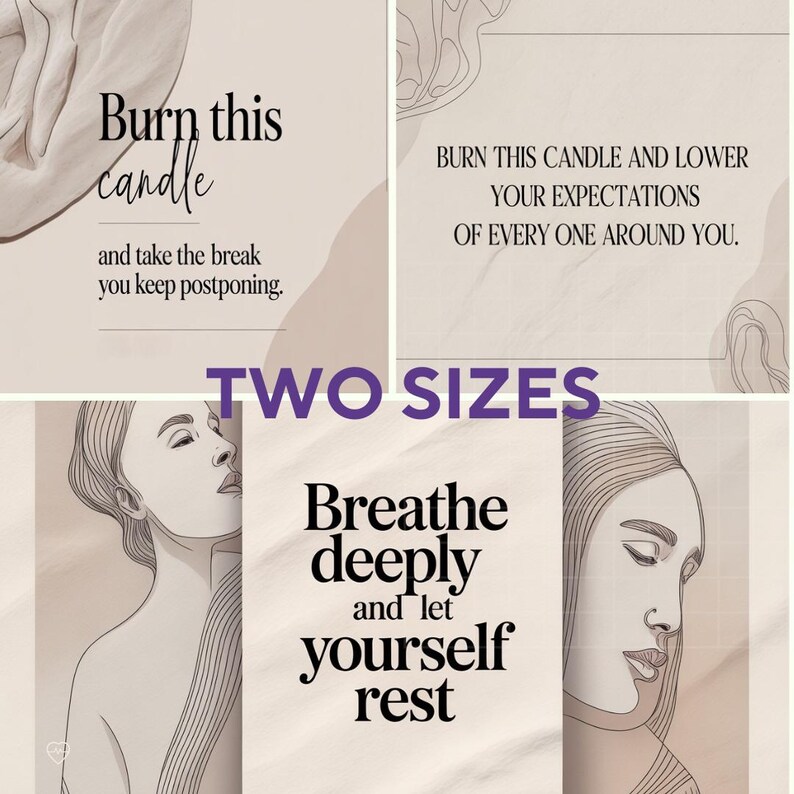 Pode incluir: Uma imagem com v&aacute;rios pain&eacute;is com texto e ilustra&ccedil;&otilde;es. O texto inclui frases como "Burn this candle" e "Breathe deeply". As palavras est&atilde;o em uma fonte moderna. As ilustra&ccedil;&otilde;es retratam desenhos de linha de um rosto feminino e formas abstratas. A frase "TWO SIZES" tamb&eacute;m &eacute; vis&iacute;vel.
