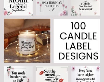 Pacote com 100 etiquetas para velas imprimíveis, etiquetas divertidas para velas de presente, 7 coleções temáticas, download instantâneo.