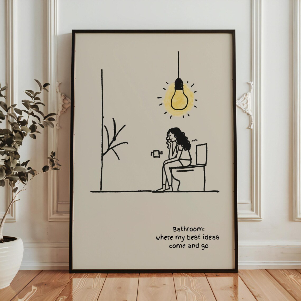 Funny Bathroom Wall Art Print, Retro Woman Thinking on Toilet ...