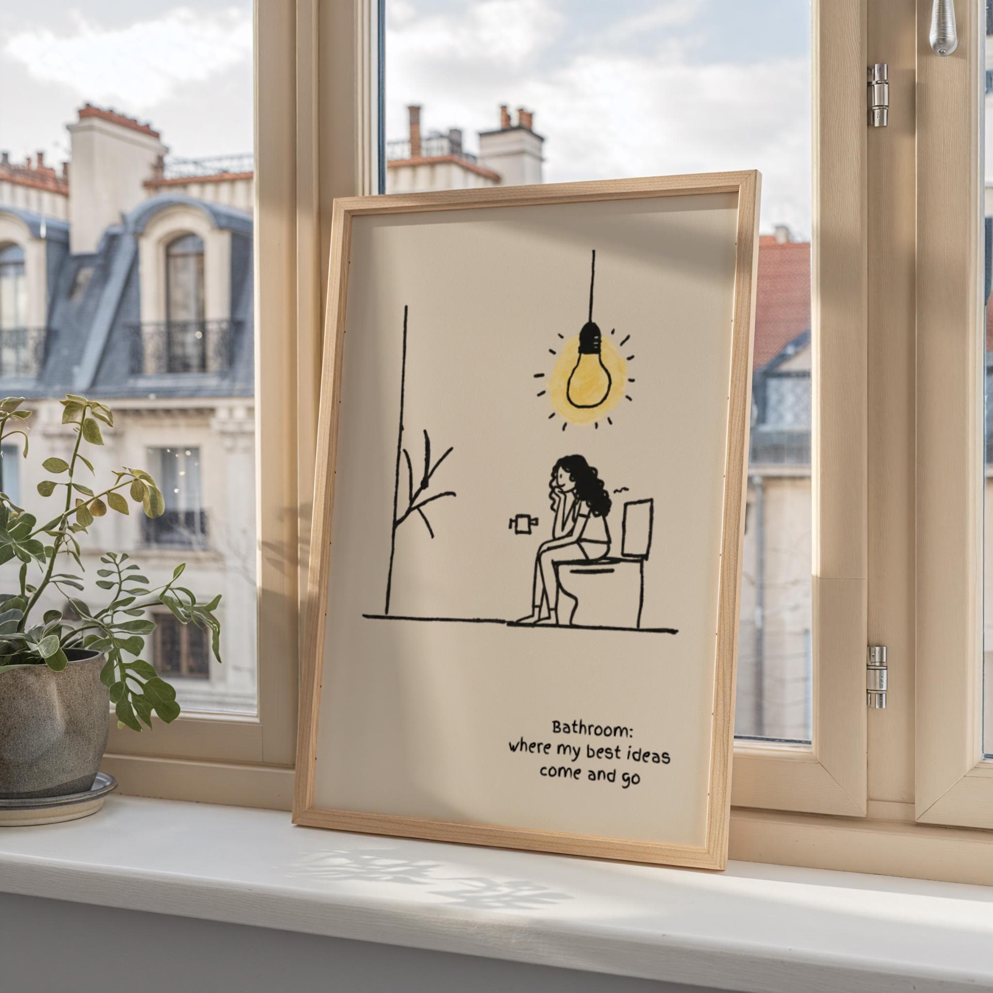 Funny Bathroom Wall Art Print, Retro Woman Thinking on Toilet ...