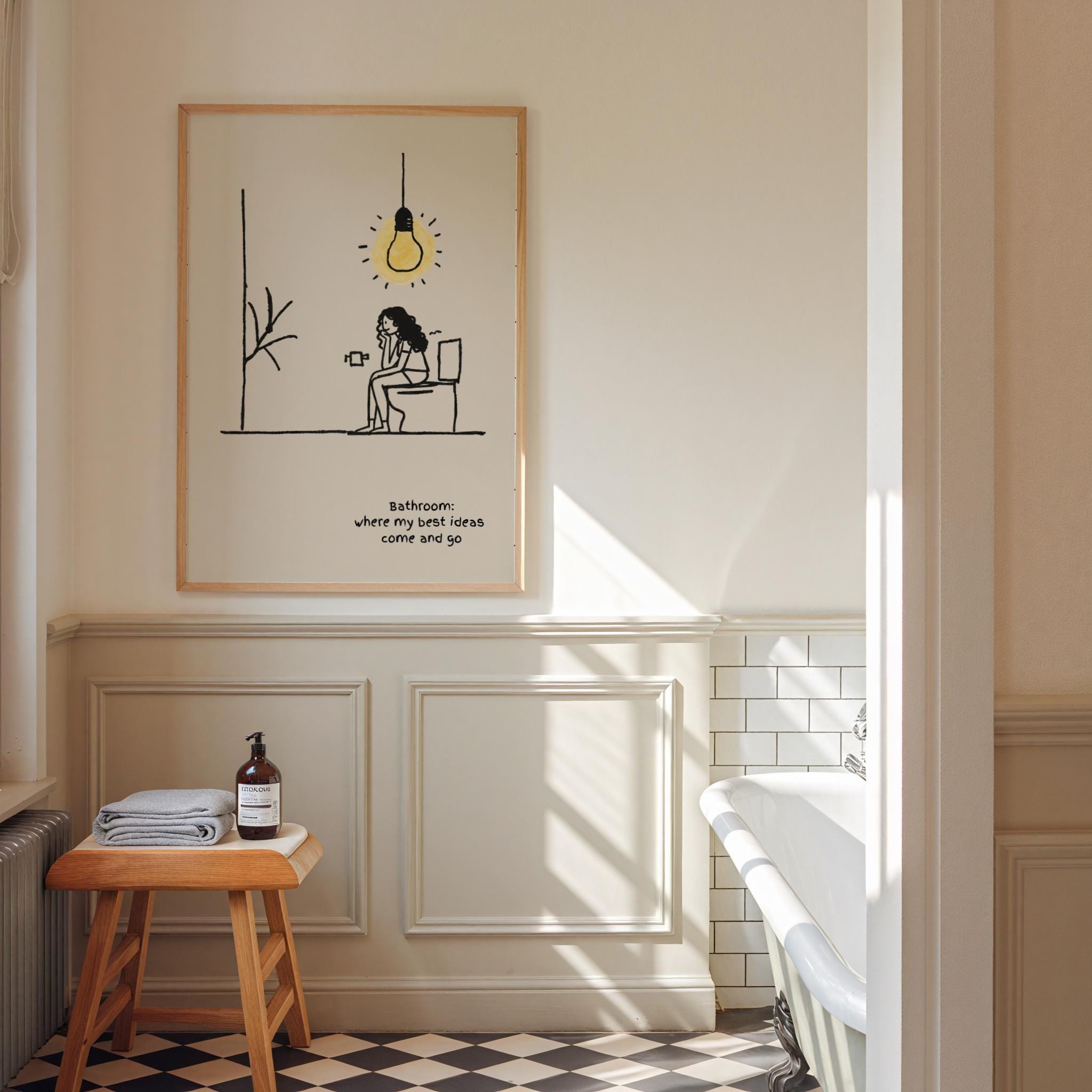 Funny Bathroom Wall Art Print, Retro Woman Thinking on Toilet ...