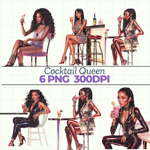 6 Clipart di Cocktail Queen, Donna alla moda con Martini, Illustrazione di scena di bar glamour, Arte di una serata elegante, PNG digitale