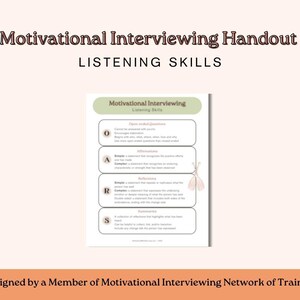 Puede incluir: Un folleto titulado "Motivational Interviewing Handout: Listening Skills" con un gráfico de mariposa rosa. El folleto describe cuatro habilidades de escucha: preguntas abiertas, afirmaciones, reflexiones y resúmenes.