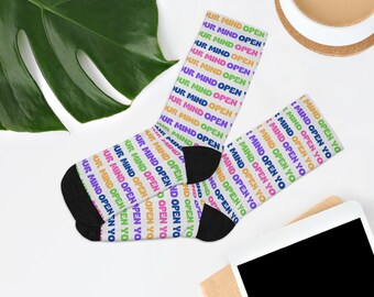 Open Your Mind Socks | Intellectual Freedom Socks | Free Thought Crew Socks | Book Lover Gift | Minimalist Statement Socks