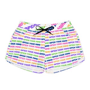 May include: White athletic shorts with a repeating pattern of the phrase "Open your mind" in various colors, including pink, blue, green, and yellow.