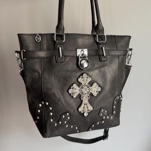 Authentic Vintage Black Shoulder FAUX Vegan PU Leather Bag Rhinestone Buckle Spike Cross Stone Hearts Metal Chrome Y2k Adjustable Strap