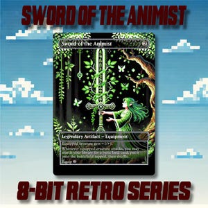 May include: A trading card from the 8-Bit Retro Series, featuring pixelated art. The card depicts a sword with a green-haired figure, butterflies, and the text "Sword of the Animist." The card is a Legendary Artifact - Equipment.