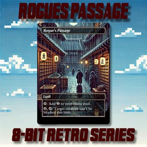 May include: A trading card featuring a detailed illustration of a rainy street scene with Japanese-style buildings and figures. The card is labeled "Rogue's Passage" and includes game text. The text "ROGUES PASSAGE" and "8-BIT RETRO SERIES" are at the top and bottom.