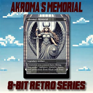May include: A trading card featuring Akroma's Memorial, a legendary artifact. The card depicts a winged figure holding a sword and shield. The card's title is in a pixelated font, with the text "8-BIT RETRO SERIES" at the bottom.