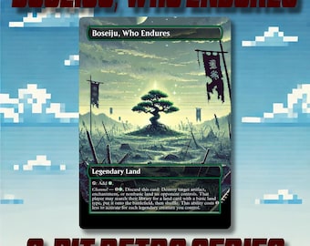 Può includere: Una carta artistica pixelata intitolata "Boseiju, Who Endures" della "8-Bit Retro Series". La carta raffigura un paesaggio sereno con un albero solitario, stendardi e un campo di battaglia. La carta è una Terra Leggendaria.