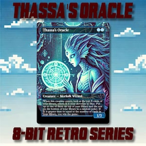 May include: A blue and white Magic: The Gathering card featuring a merfolk creature with a blue orb in its hand. The card is titled "Thassa's Oracle" and has the text "Creature - Merfolk Wizard".