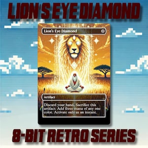 May include: A trading card featuring a lion's head with a glowing mane and a meditating figure. The card is labeled "Lion's Eye Diamond" and includes the text "Artifact" and game instructions. The background is a pixelated sky.