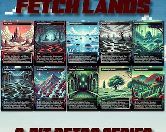 May include: A set of ten custom Magic: The Gathering cards featuring 8-bit pixel art landscapes. The cards are titled "Custom Fetch Lands" and feature a retro 8-bit style.