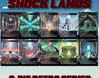 May include: A set of ten custom Magic: The Gathering cards featuring 8-bit pixel art of shock lands. The cards are titled "Blood Crypt", "Breeding Pool", "Godless Shrine", "Hallowed Fountain", "Overgrown Tomb", "Sacred Foundry", "Steam Vents", "Stomping Ground", "Temple Garden", and "Watery Grave".