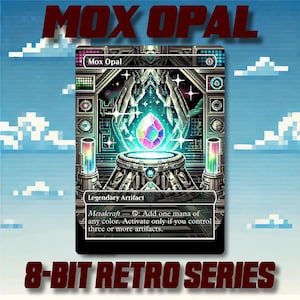 May include: A Mox Opal card from the 8-Bit Retro Series. The card features a central, glowing, multi-colored gem on a pedestal, surrounded by intricate mechanical details. The text "MOX OPAL" and "8-BIT RETRO SERIES" are displayed.