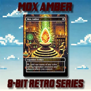 May include: A trading card featuring the text "MOX AMBER" and "8-BIT RETRO SERIES". The card depicts a glowing orange gem on a pedestal in a room with two figures. The card is labeled "Legendary Artifact".