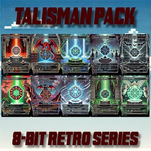 May include: A pack of eight trading cards from the 8-Bit Retro Series. Each card features a unique design with a central geometric shape and the text "Talisman of..." The cards have a pixelated, retro aesthetic with vibrant colors.