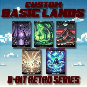 May include: A collection of five custom Basic Lands cards from the 8-Bit Retro Series. Each card features unique artwork: Swamp, Forest, Mountain, Plains, and Island. The cards have a pixelated aesthetic with vibrant colors and fantasy landscapes.