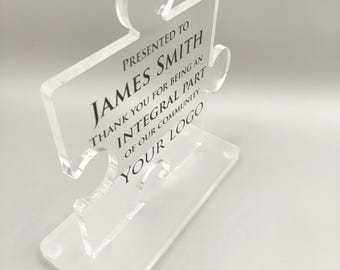Personalized Acrylic Award – Your logo and text printed -  Puzzle Piece Shape – Recognition, Community, Company, or Donor Appreciation