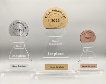 Personalized Acrylic Chess Award Set – Gold, Silver & Bronze - With logo and names