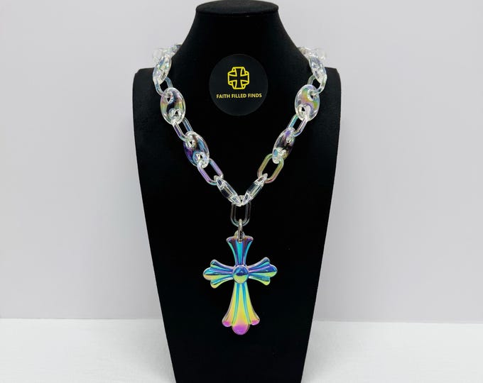 Featured listing image: Opal Big Cross Pendant Link Necklace for Men, Women, Boys, Girls, Christian Gift, Chunky Cross Chain Necklace, Birthday Gift
