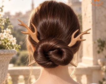 Lot de 2 épingles à cheveux en bois en forme de bois de cerf, support à chignon, accessoire de coiffure champêtre pour femmes et filles