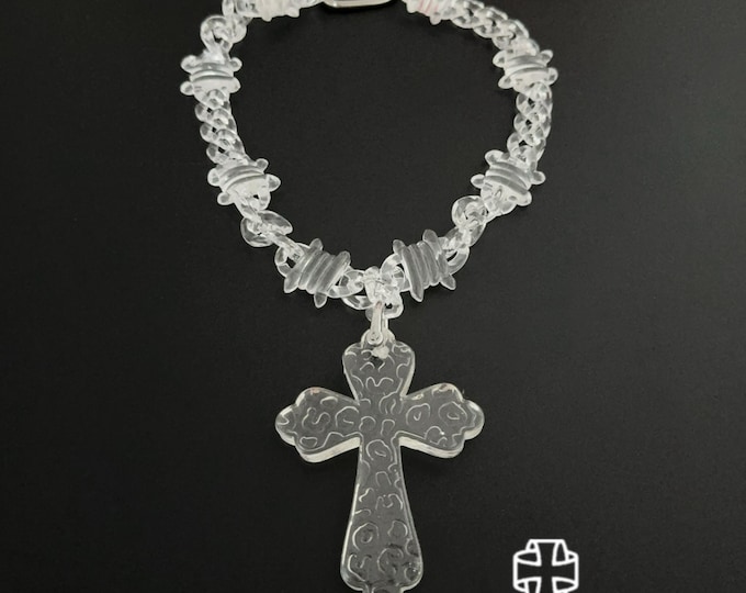 Featured listing image: Clear Plastic Barbed Wire Cross Necklace, Streetwear Choker