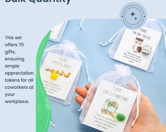 Featured listing image: Total of 75 items, set of 25 Inspirational Pocket Favors, Employee Appreciation Gifts Bulk, Coworker Thank You Tokens with Animal Pun Cards,