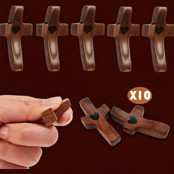 Handmade 10Pcs Relieve Anxiety Wooden Cross, Comfort for Clutching, Clinging and Praying, Pocket Prayer Cross, Religious Easter Day Gifts