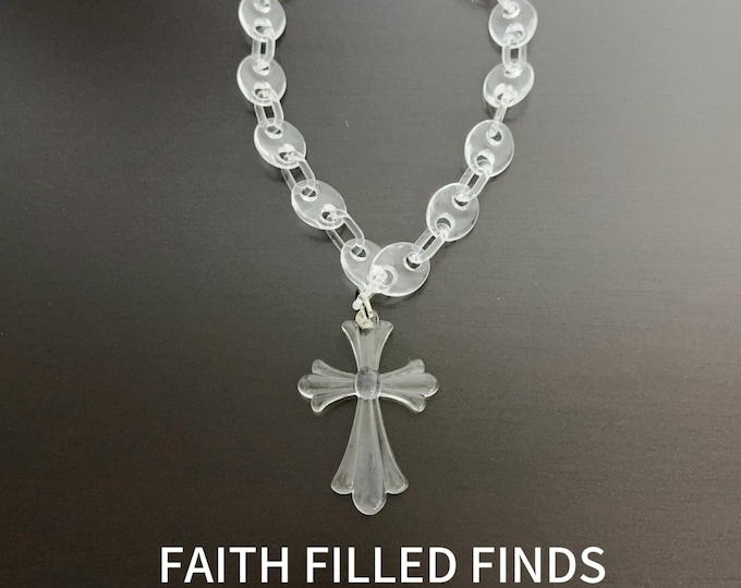 Featured listing image: Clear Big Cross Pendant Link Necklace for Men, Women, Boys, Girls, Christian Gift, Chunky Cross Chain Necklace, Birthday Gift