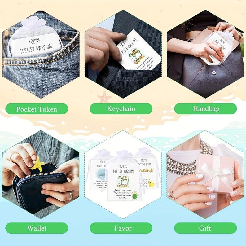 Pode incluir: Uma cole&ccedil;&atilde;o de itens para presente, incluindo fichas de bolso, chaveiros e lembrancinhas. Cada item apresenta um cart&atilde;o branco com o texto "YOU'RE TURTLEY AWESOME" e um gr&aacute;fico de tartaruga. Os itens s&atilde;o mostrados em v&aacute;rias configura&ccedil;&otilde;es, como um bolso, uma bolsa e uma caixa de presente.