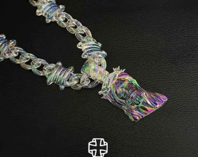 Featured listing image: Opal Jesus Pendant with Barbed Wire Chain Necklace, Christian Religious Necklace for Women Men Boy Girl, Streetwear, Birthday Gift