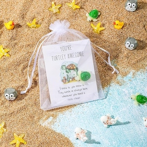 Pode incluir: Uma sacola de presente de organza branca com um cart&atilde;o que diz "You're Turtley Awesome" com uma ilustra&ccedil;&atilde;o de tartaruga. A sacola &eacute; cercada por areia, estrelas do mar e pequenas figuras de tartarugas e patos.