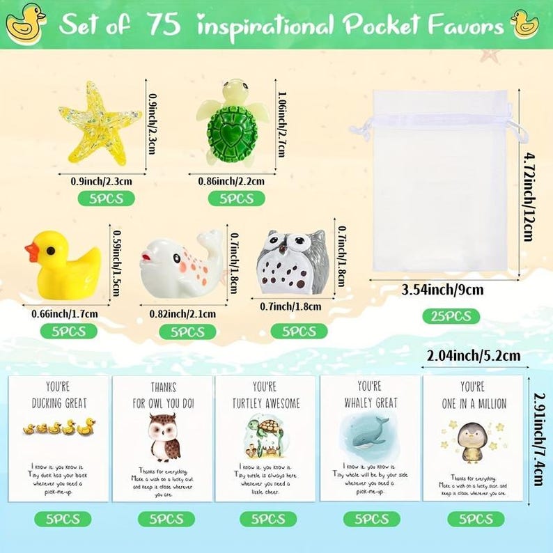 Pode incluir: Conjunto de 75 lembrancinhas de bolso inspiradoras. Inclui estatuetas de animais e cart&otilde;es. As estatuetas medem aproximadamente 1,7 cm a 2,7 cm. Os cart&otilde;es cont&ecirc;m mensagens inspiradoras. Inclui um saco branco.