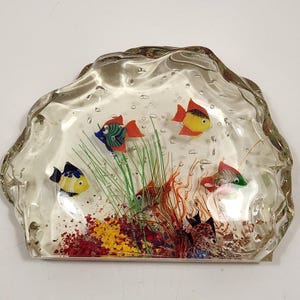 Vintage Signed Murano Glass Aquarium 6-Fish Sculpture Wave Molded Label #7726