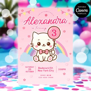 Kitty birthday invitation, Birthday Girl party invite, Kitty birthday party invite, Birthday Party Invite, Canva Editable