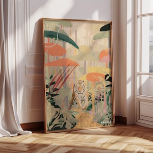 Stampa artistica della giungla della tigre / Decorazione murale tropicale moderna / Opera d'arte astratta della fauna selvatica / Decorazione per la casa botanica colorata / Collezione FAUNA