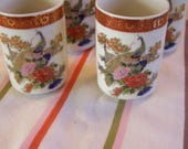 4 Satsuma Peacock Tea Cups, Sake Cups, 22 kt Gold Trim, Japan, 1970s-1980s