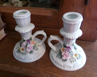 Lefton Floral Candle Holders, Hand Painted Collectibles, Roses, Flowers, Lefton China, Japan