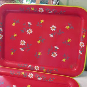 Pair Mid Century Metal Toleware Serving Trays, Red w/Flowers, Shabby, Cottage Chic, TV Trays, 40s-50s Trays, Ground Adv. Shipping