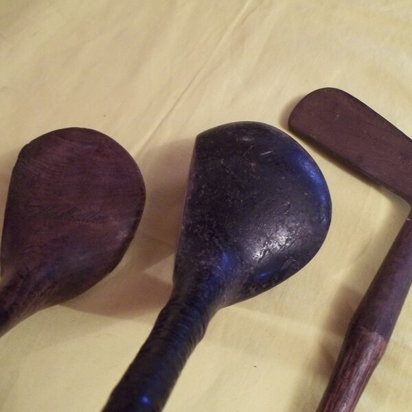 Antique Primitve Golf Clubs, Hickory Shafts, 1930's, Lot of 3, 2-Woods, 1-Iron