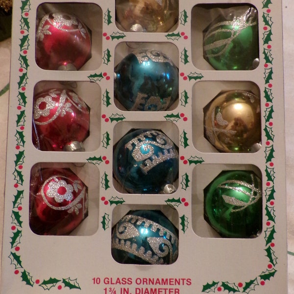 10 Mid Century Mica Glittered Christmas Ornaments, Holly, Flocked Balls, W/Box, Mercury Glass Balls, Christmas Decor Crafts